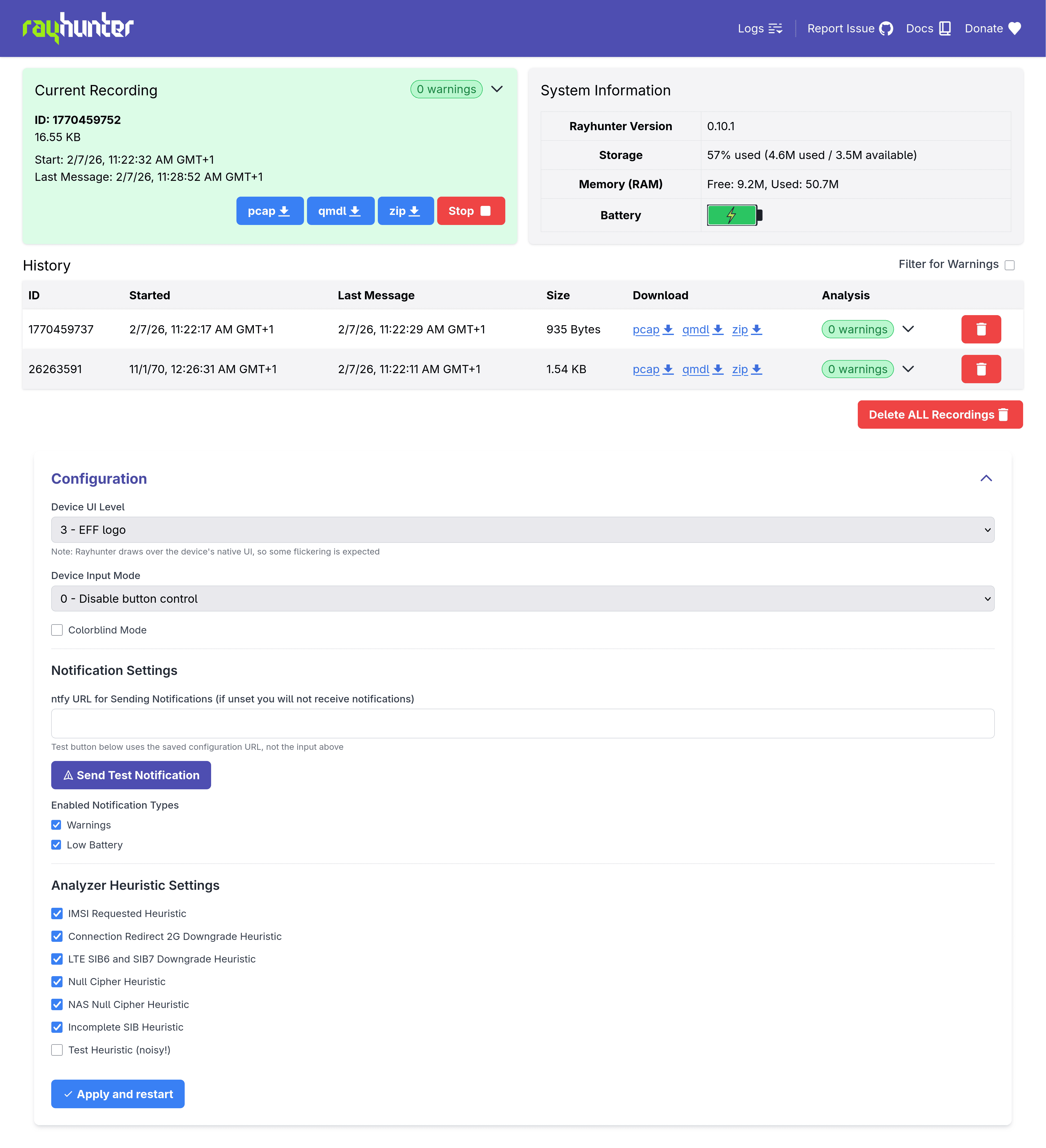 Screenshot of Rayhunter web interface