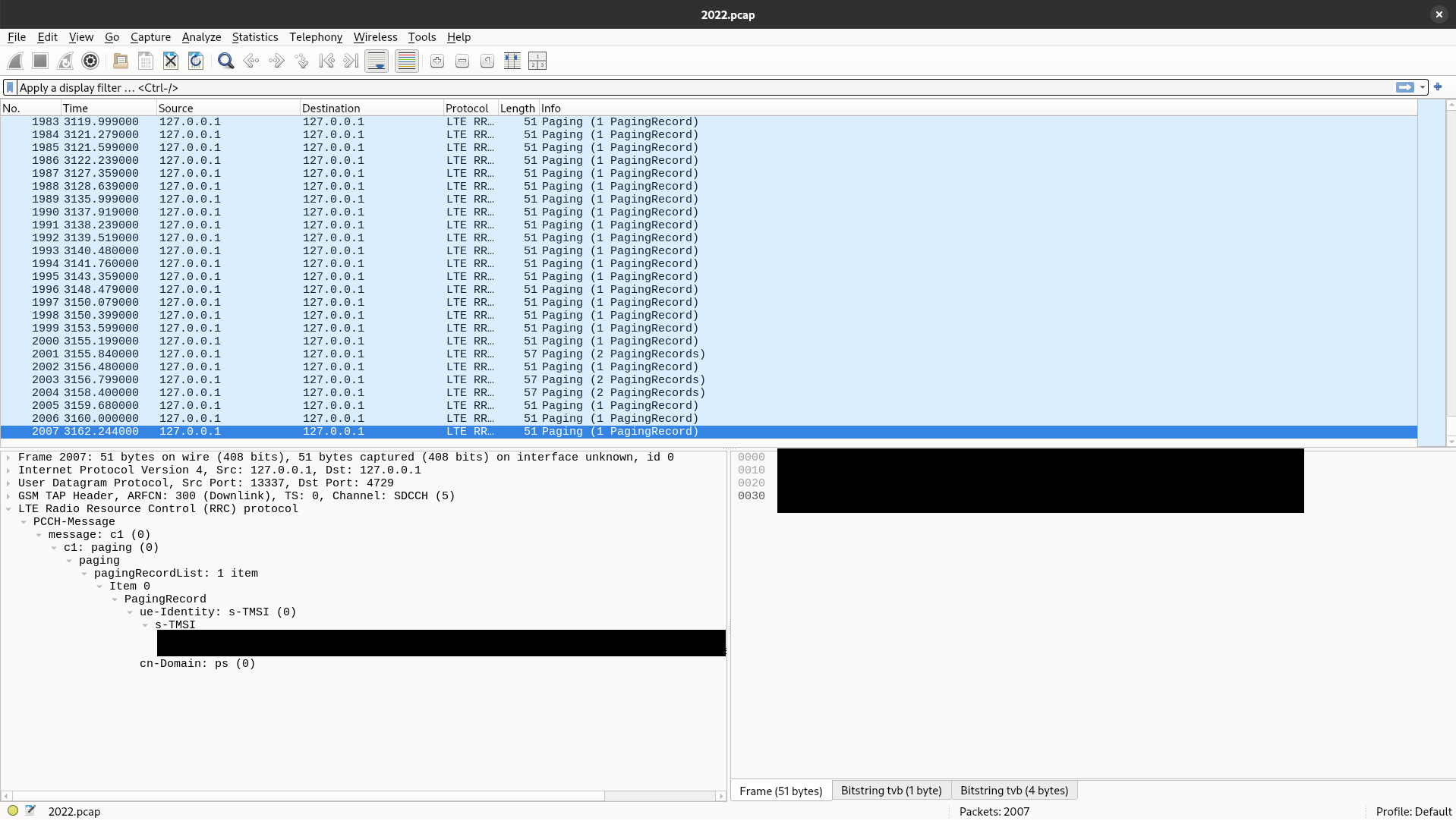 Screenshot of Wireshark of PCAPs