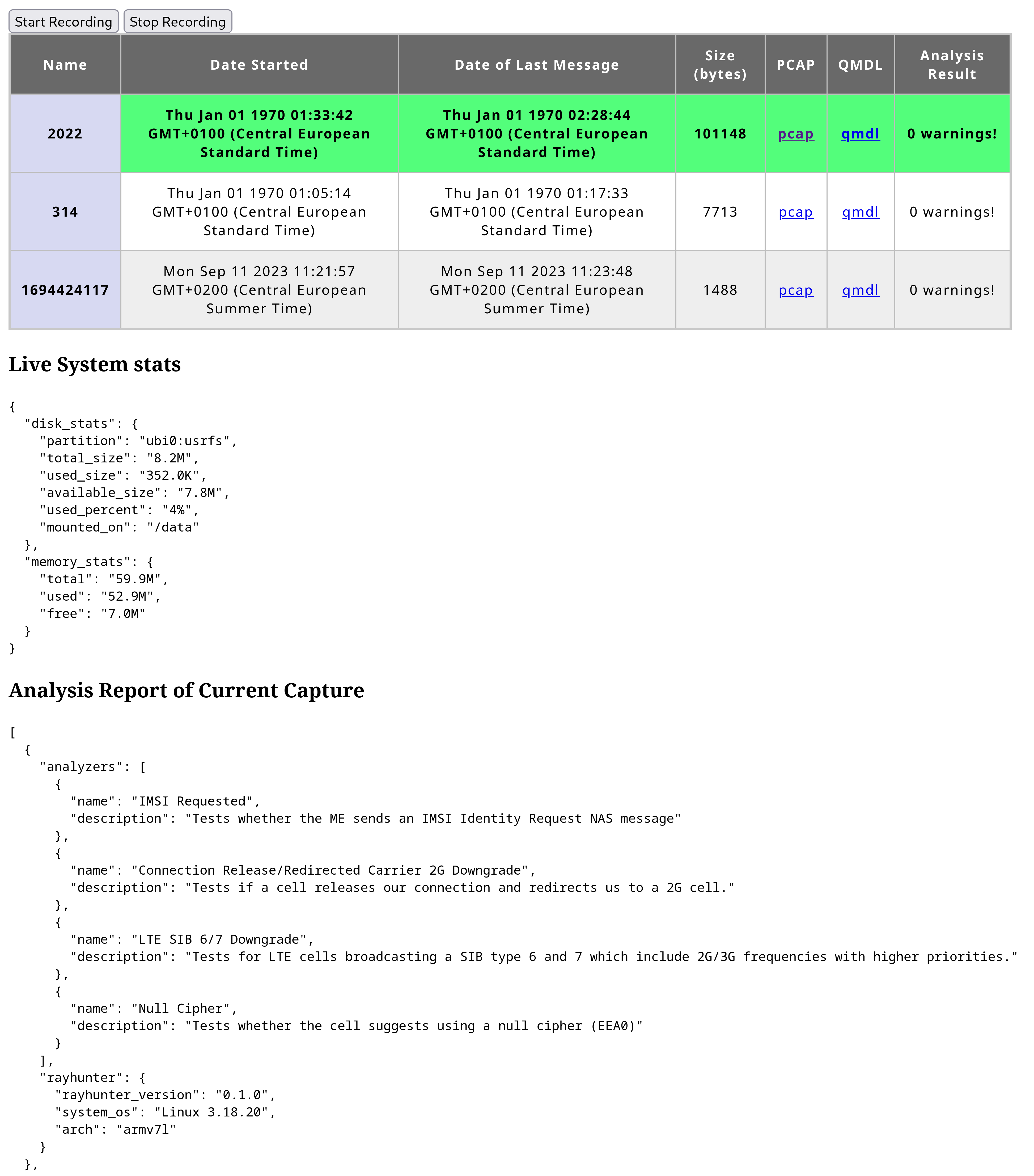 Screenshot of Rayhunter Webinterface